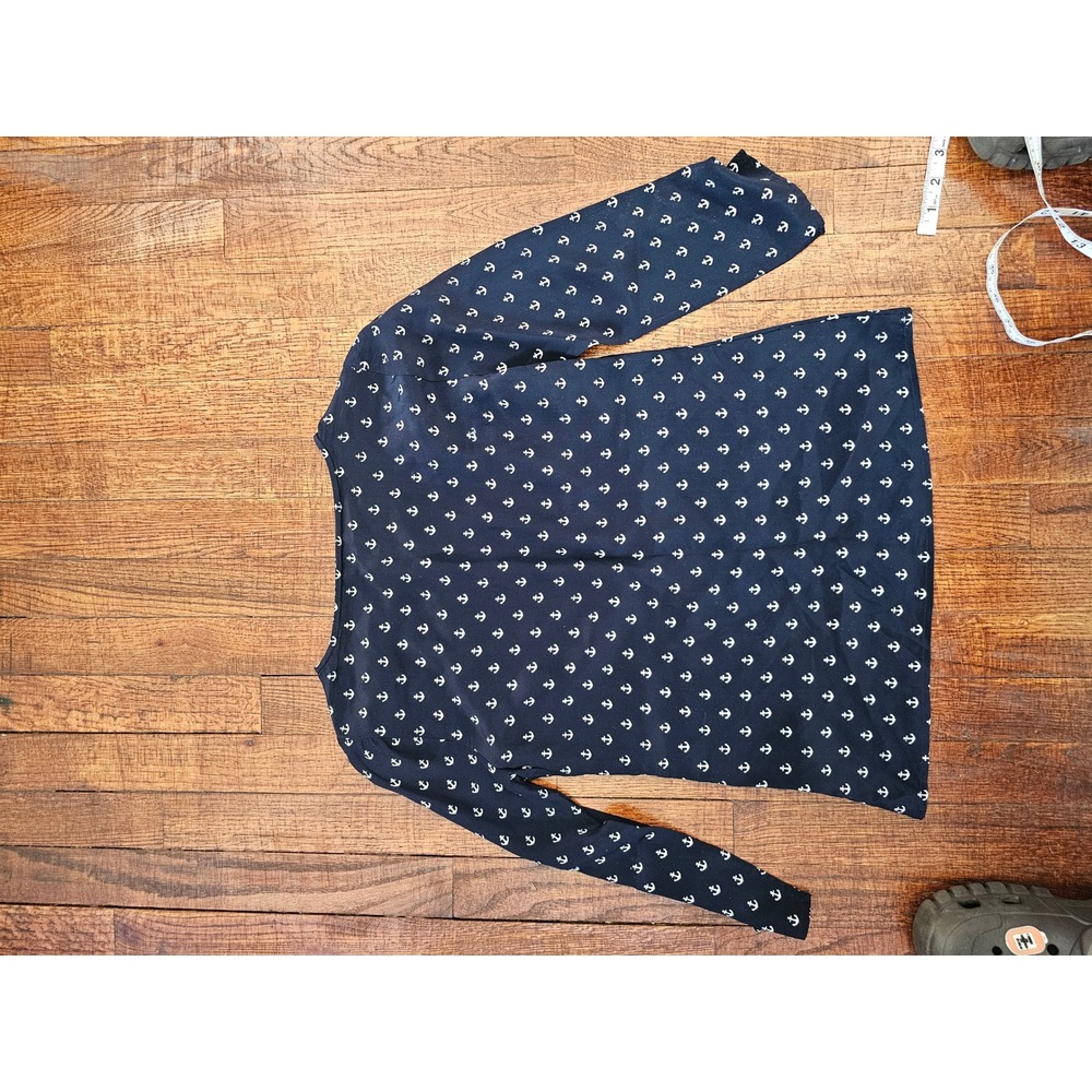J.Crew Navy Ancor Print 100% Silk 3/4 Sleeve Lightweight Cottagecore Blouse sz00 - Picture 6 of 7